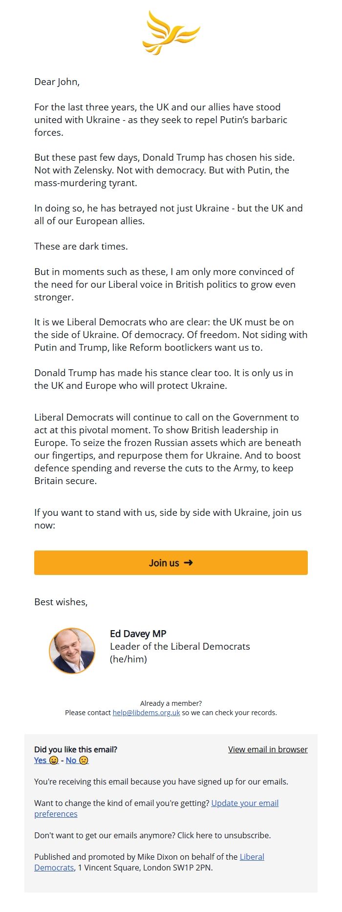 Screenshot of the email generated on import