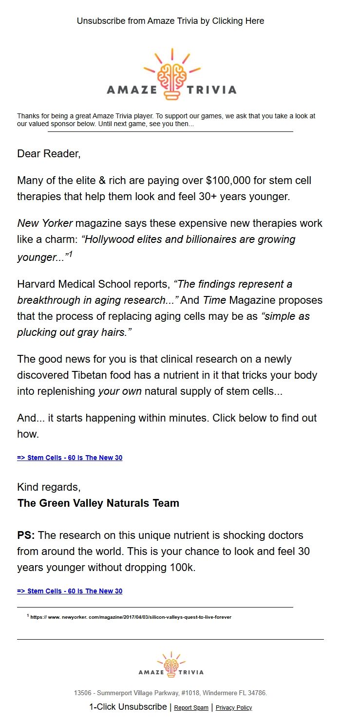 Screenshot of the email generated on import