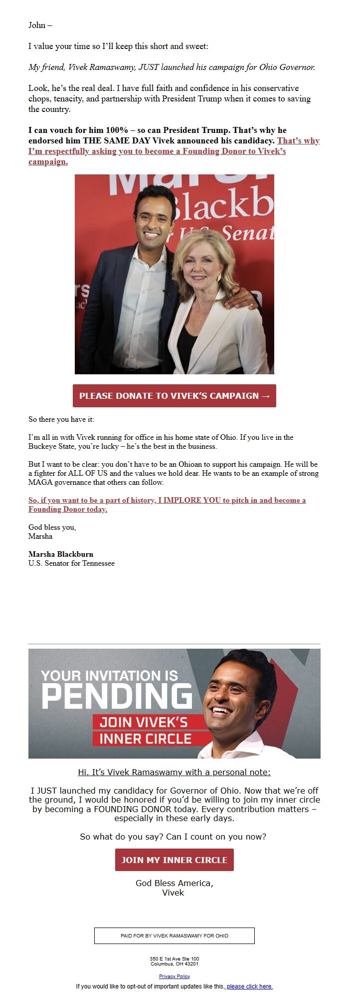 Screenshot of the email generated on import