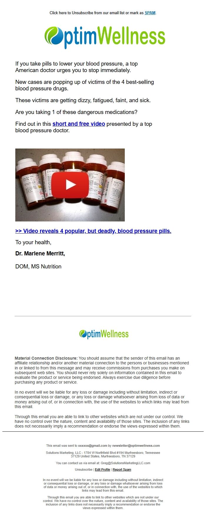 Screenshot of the email generated on import