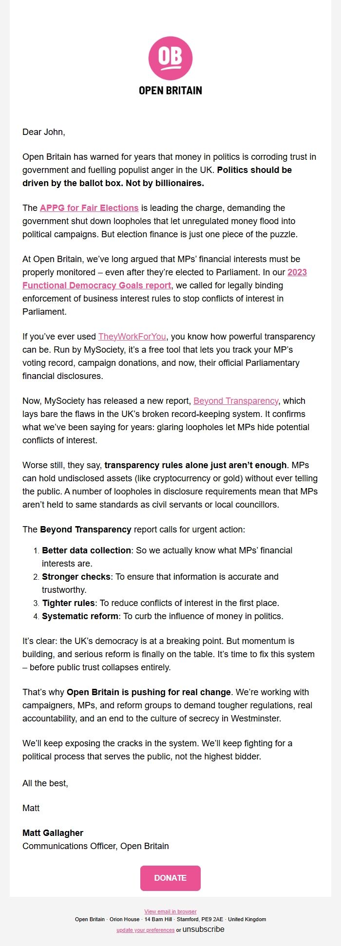 Screenshot of the email generated on import