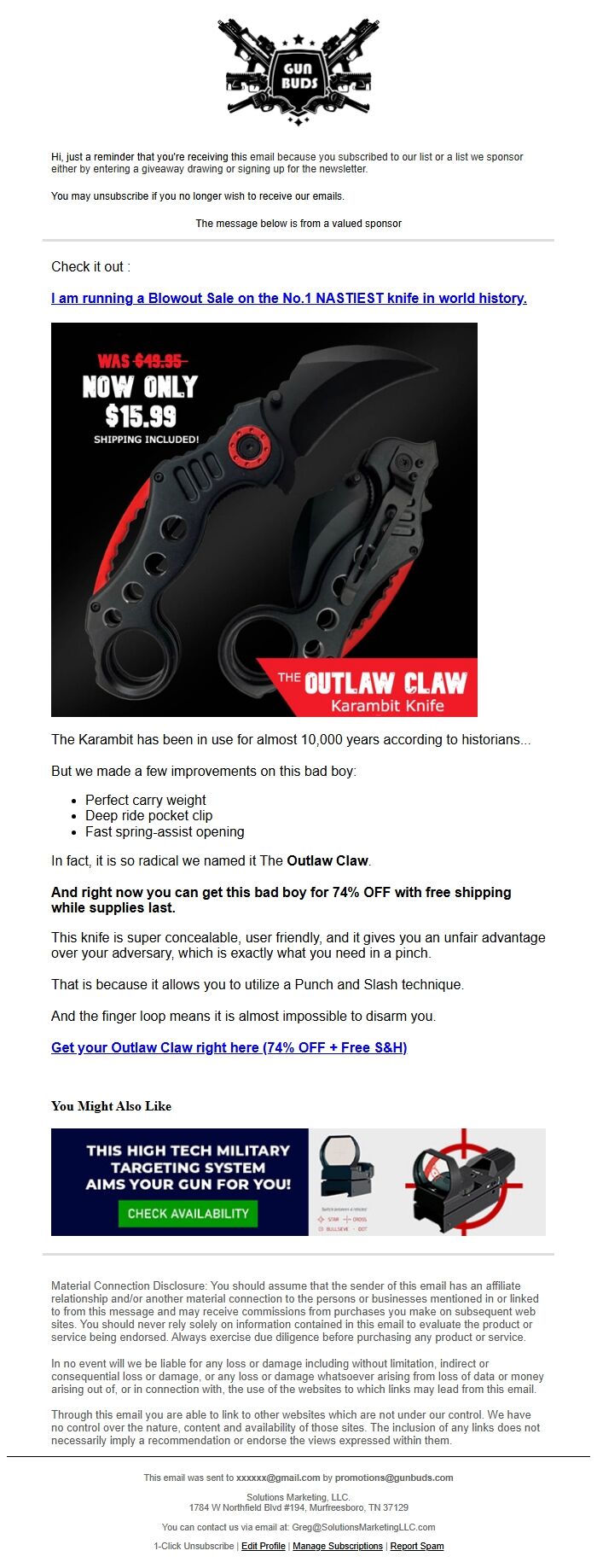 Screenshot of the email generated on import