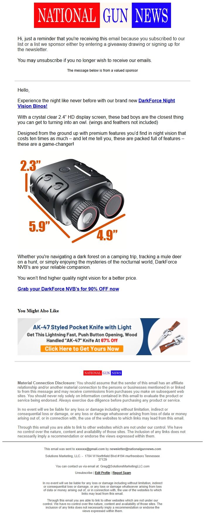 Screenshot of the email generated on import