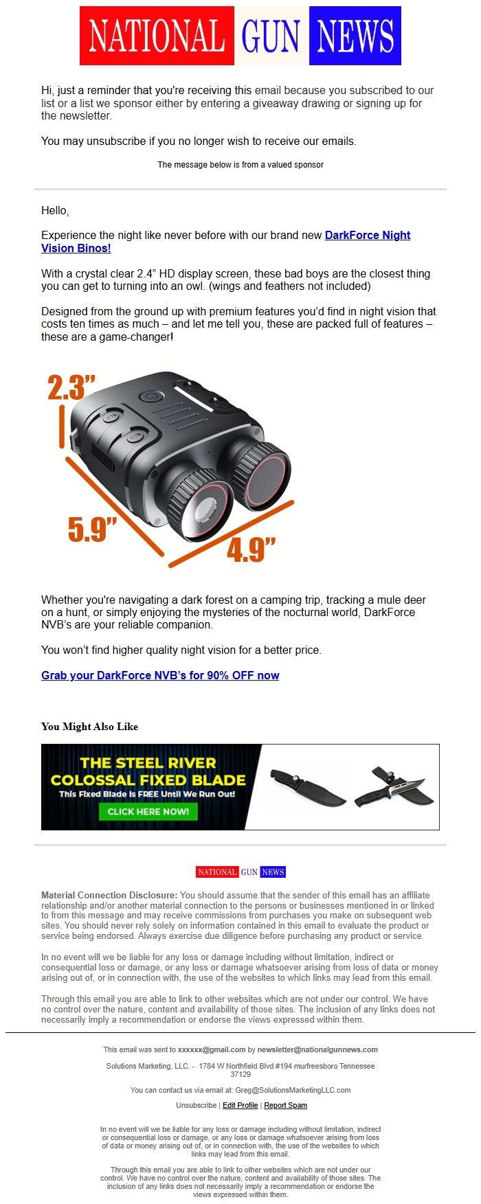 Screenshot of the email generated on import