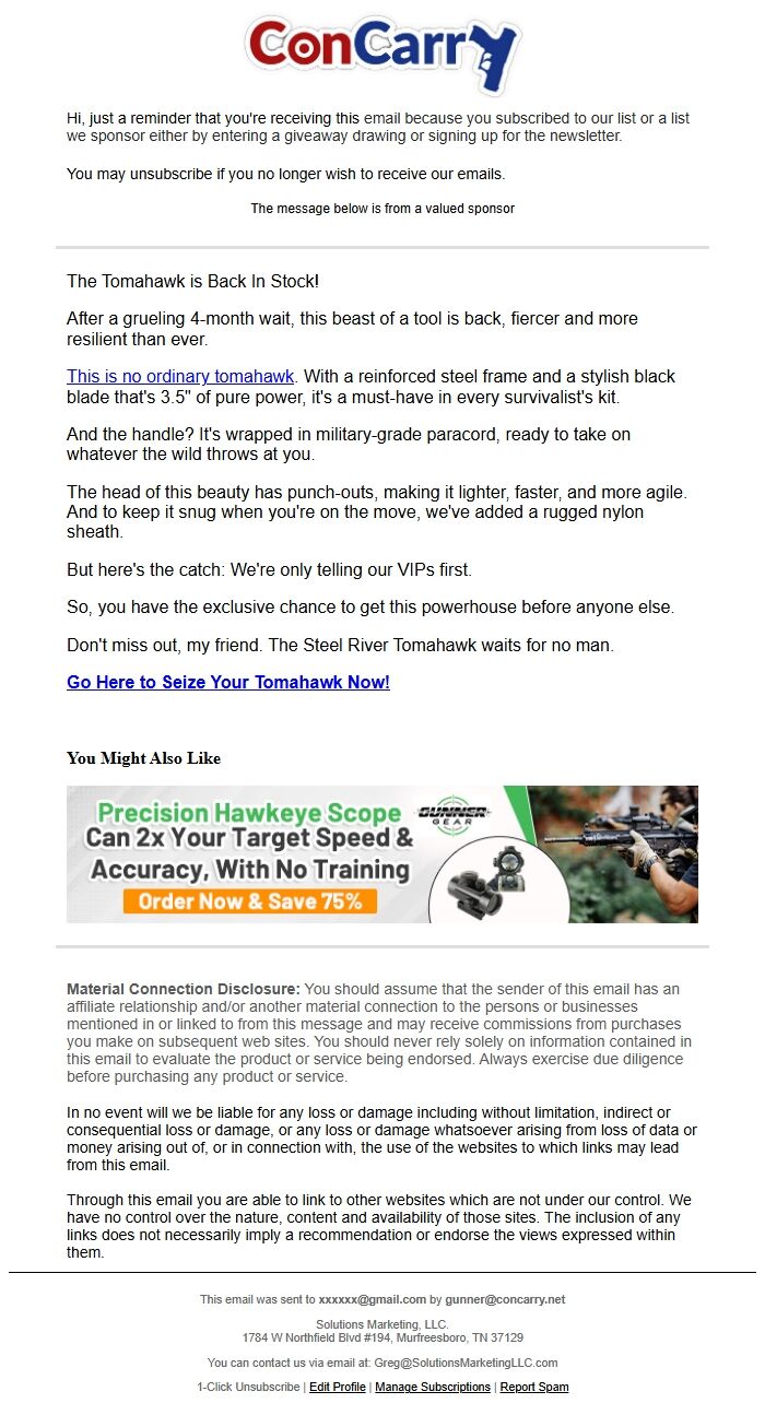 Screenshot of the email generated on import