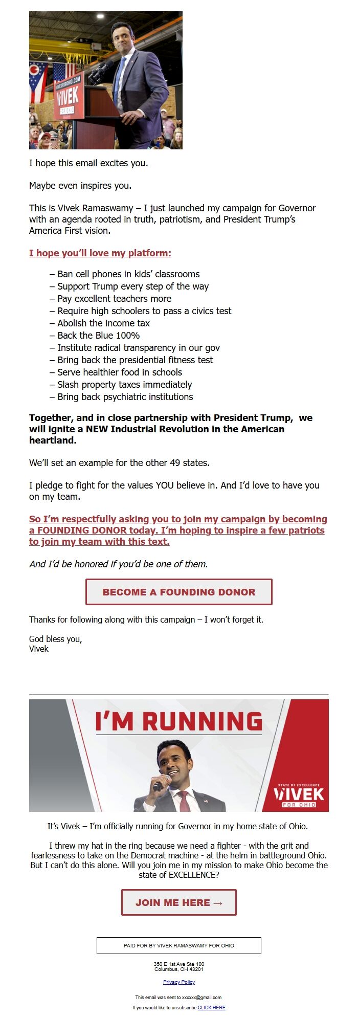 Screenshot of the email generated on import
