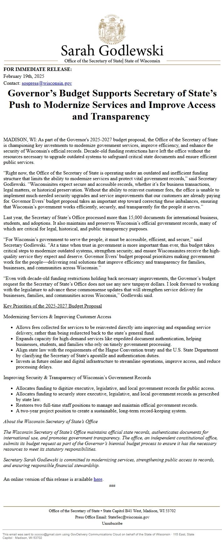 Screenshot of the email generated on import