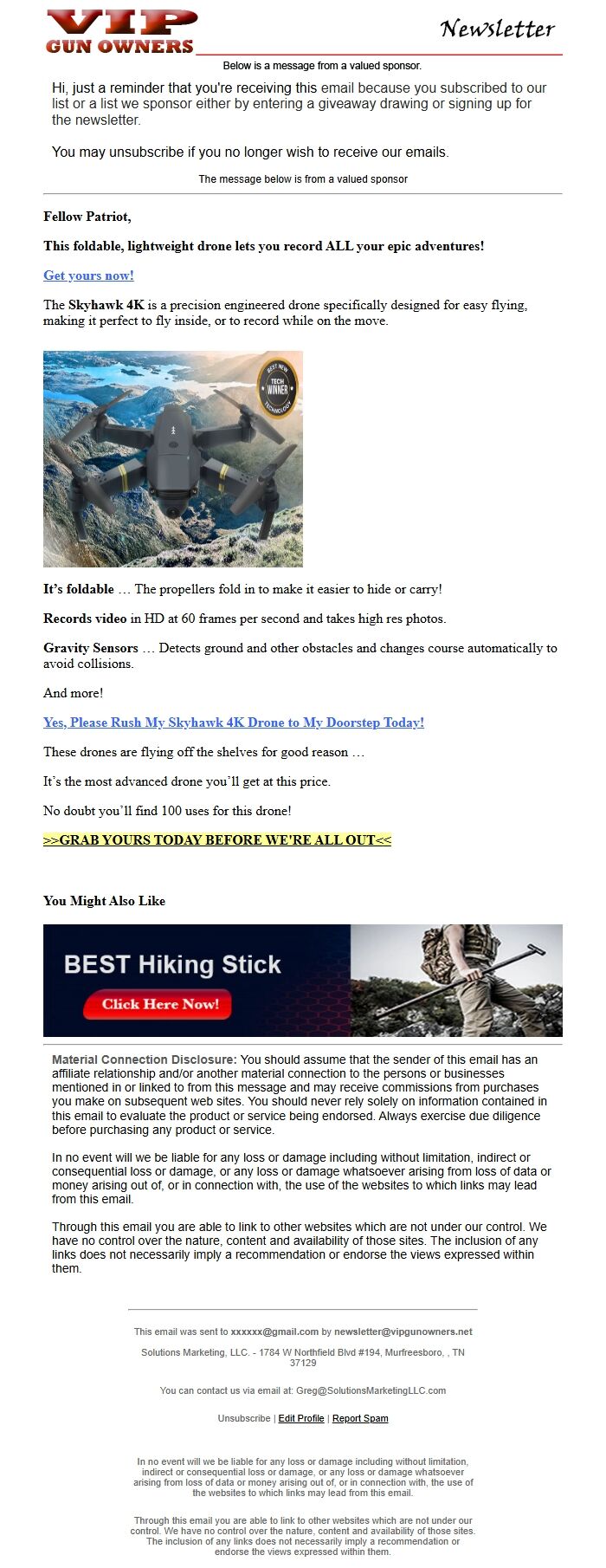 Screenshot of the email generated on import