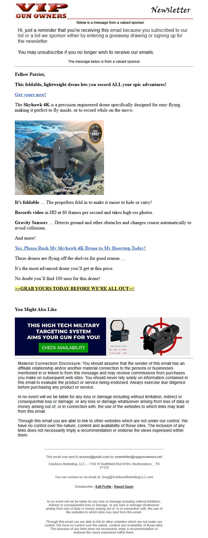Screenshot of the email generated on import