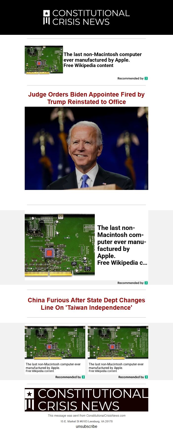 Screenshot of the email generated on import