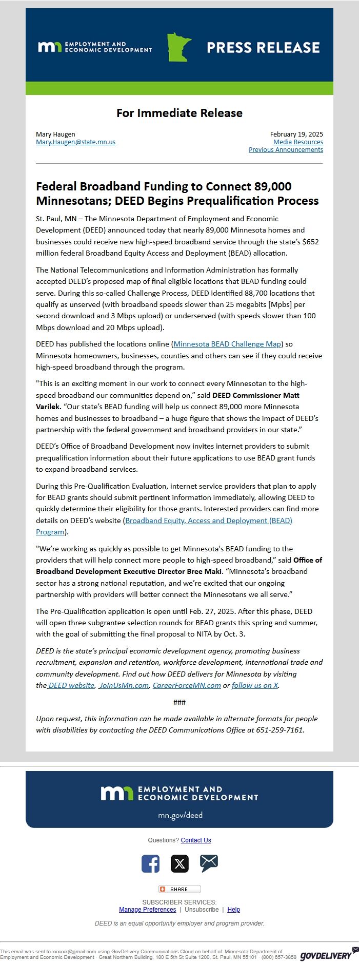 Screenshot of the email generated on import