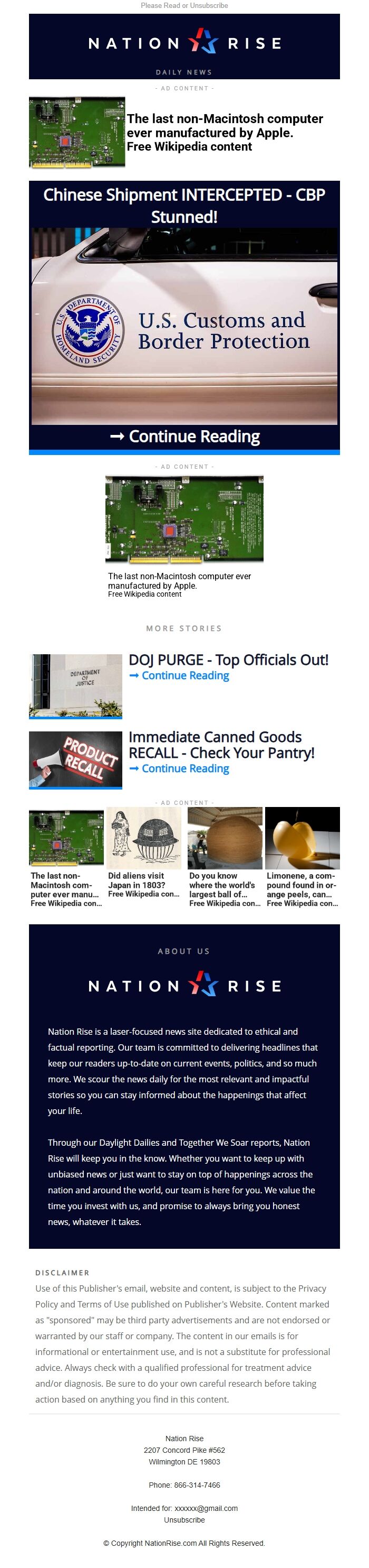 Screenshot of the email generated on import