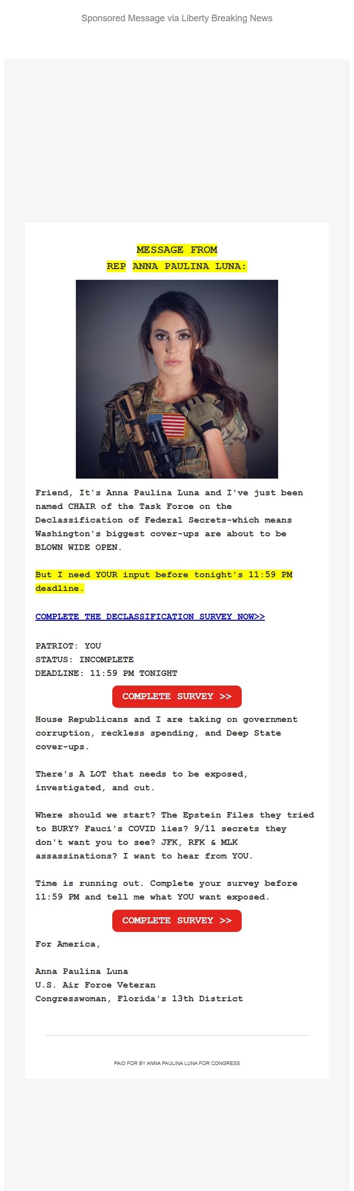 Screenshot of the email generated on import