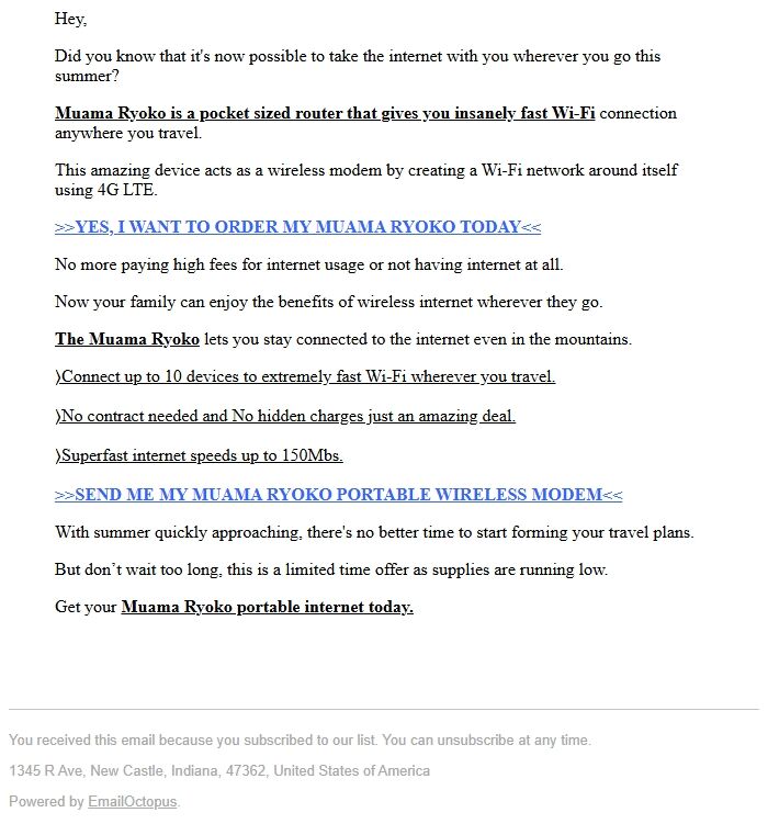 Screenshot of the email generated on import