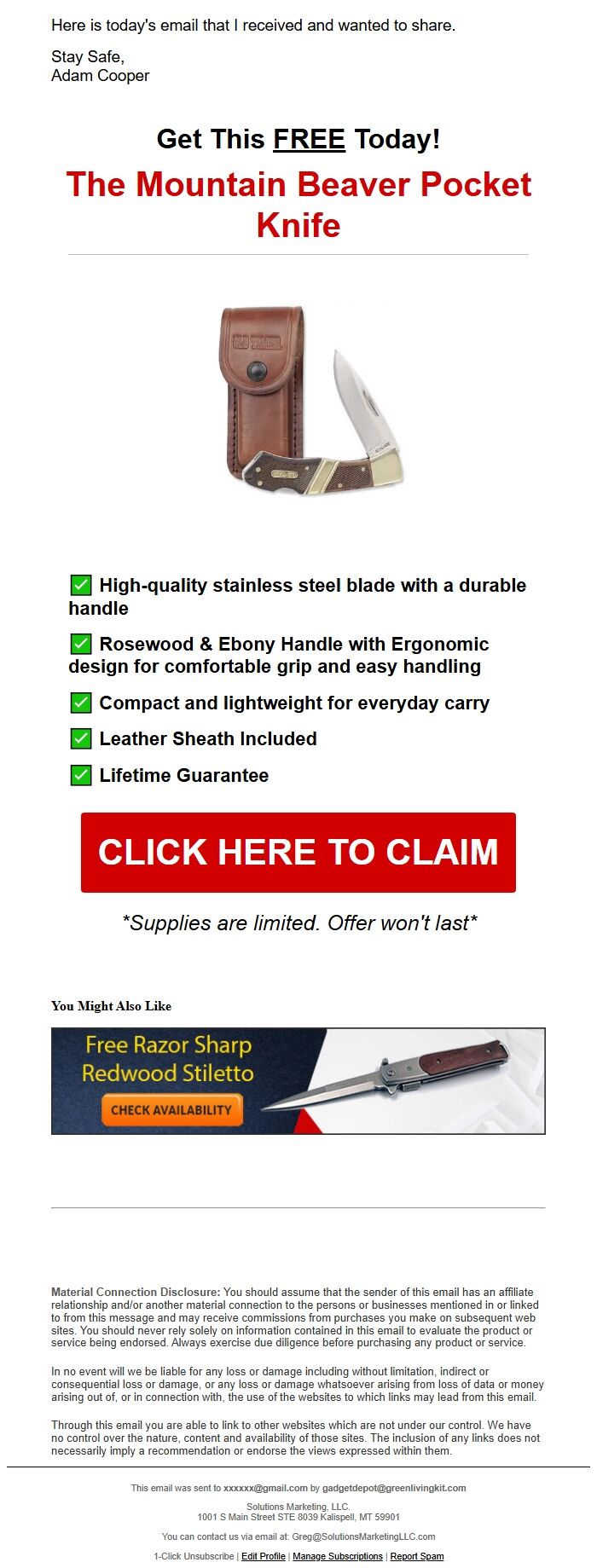 Screenshot of the email generated on import