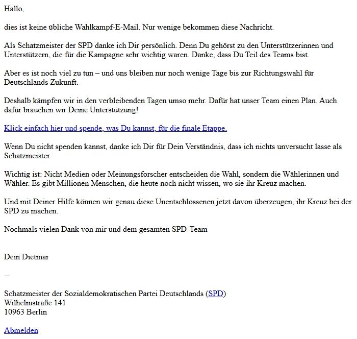 Screenshot of the email generated on import