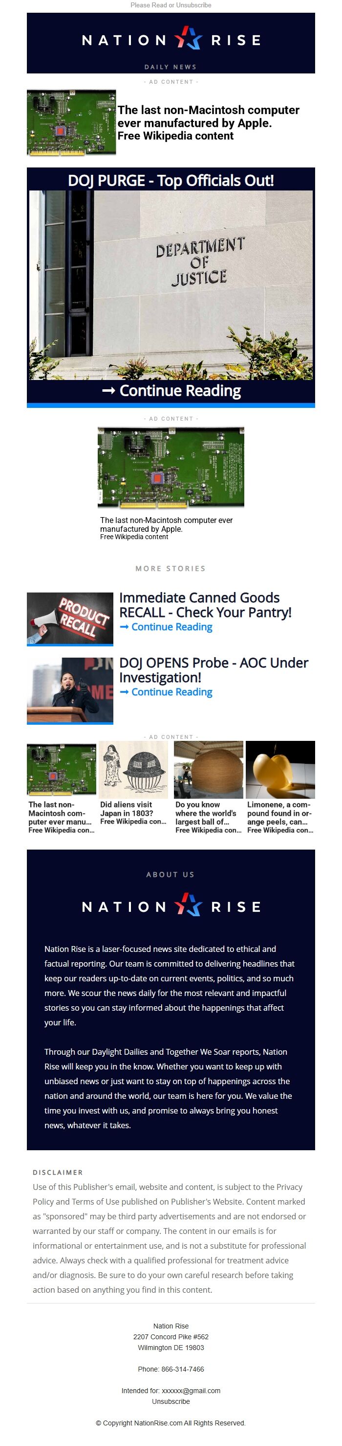 Screenshot of the email generated on import