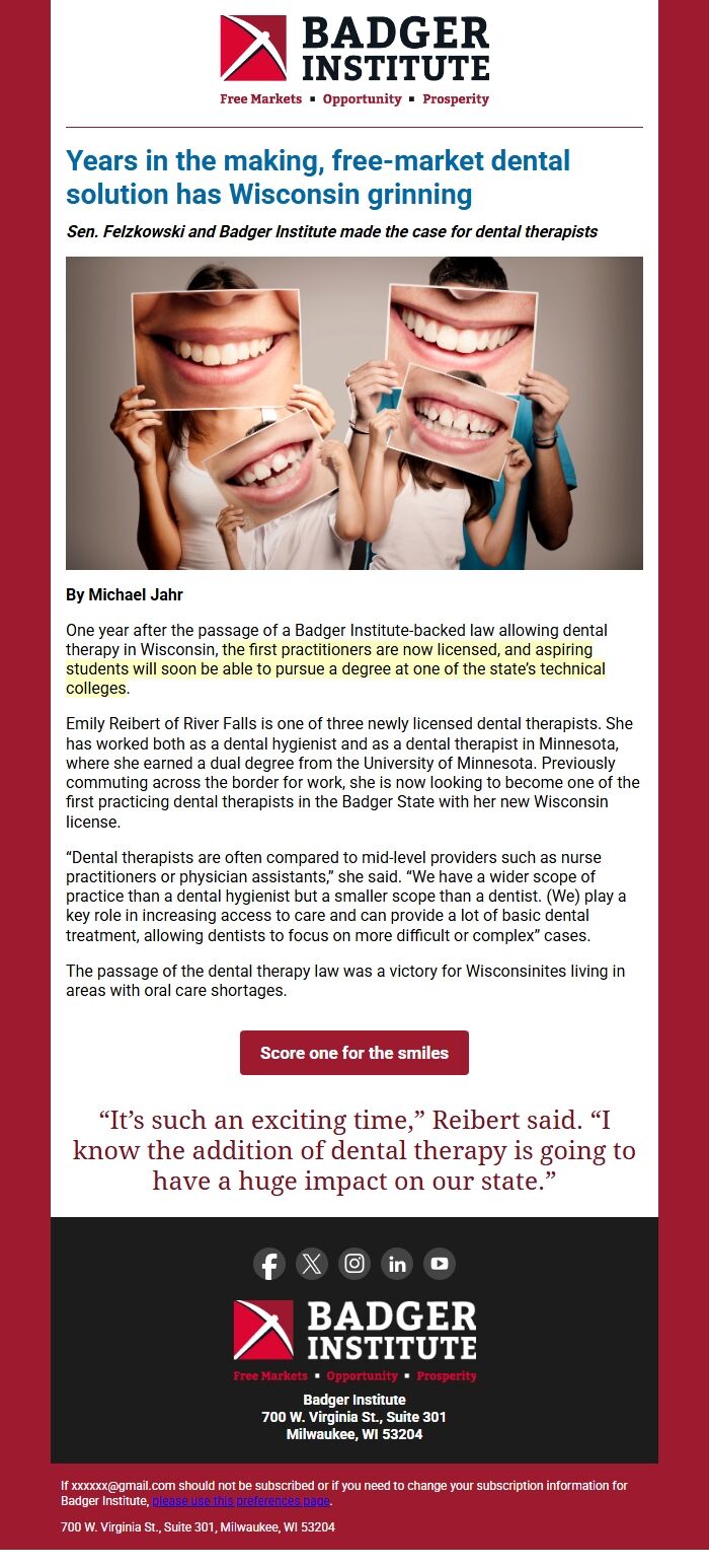 Screenshot of the email generated on import