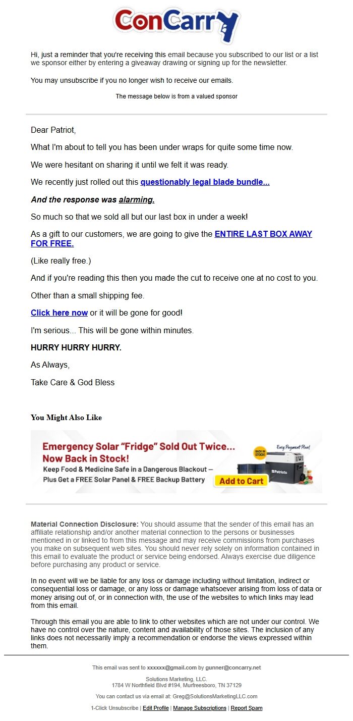 Screenshot of the email generated on import