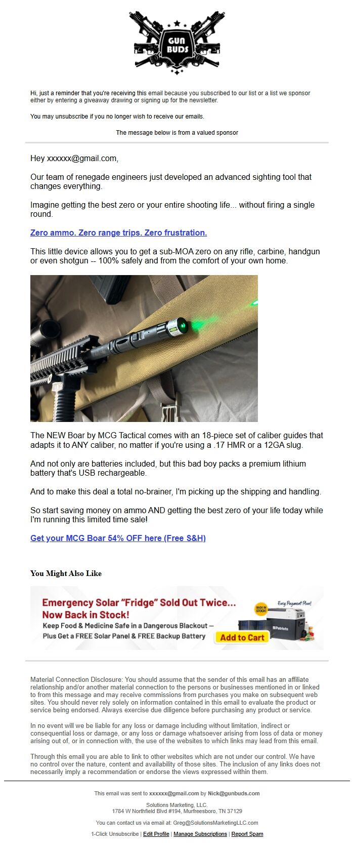 Screenshot of the email generated on import
