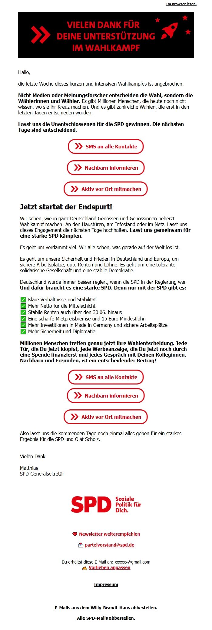 Screenshot of the email generated on import
