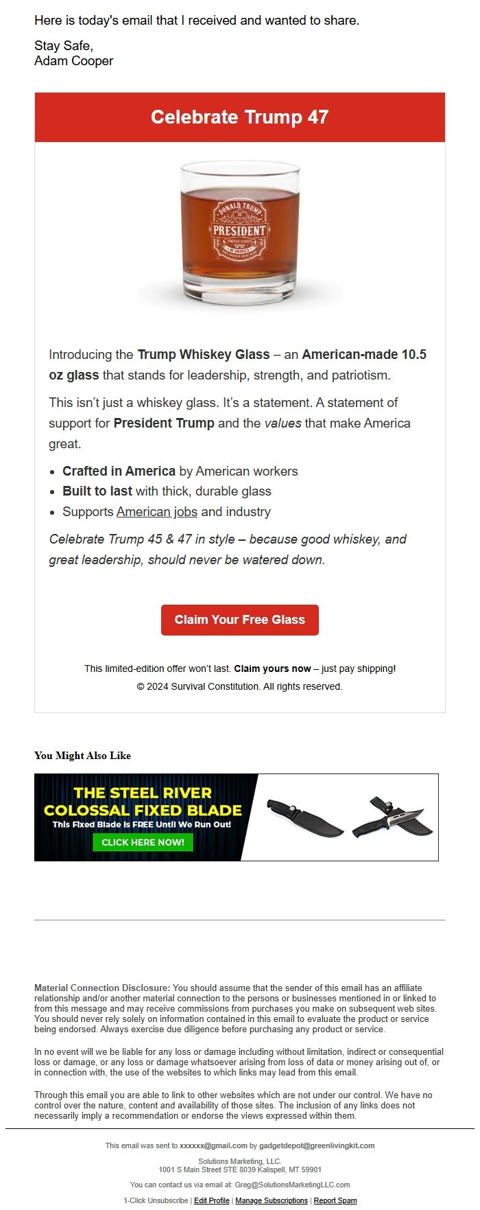 Screenshot of the email generated on import