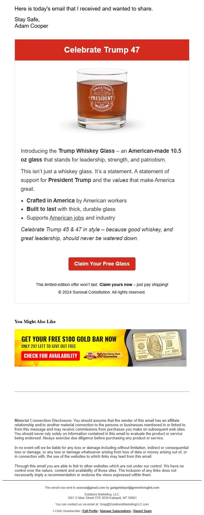 Screenshot of the email generated on import