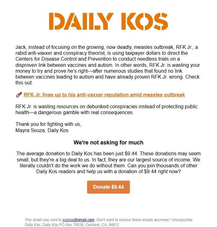 Screenshot of the email generated on import