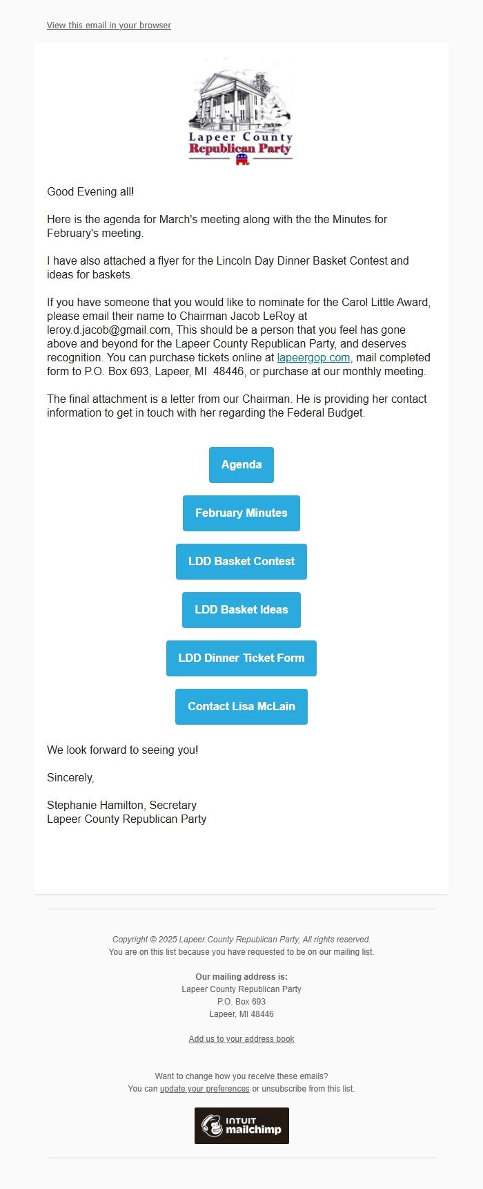 Screenshot of the email generated on import