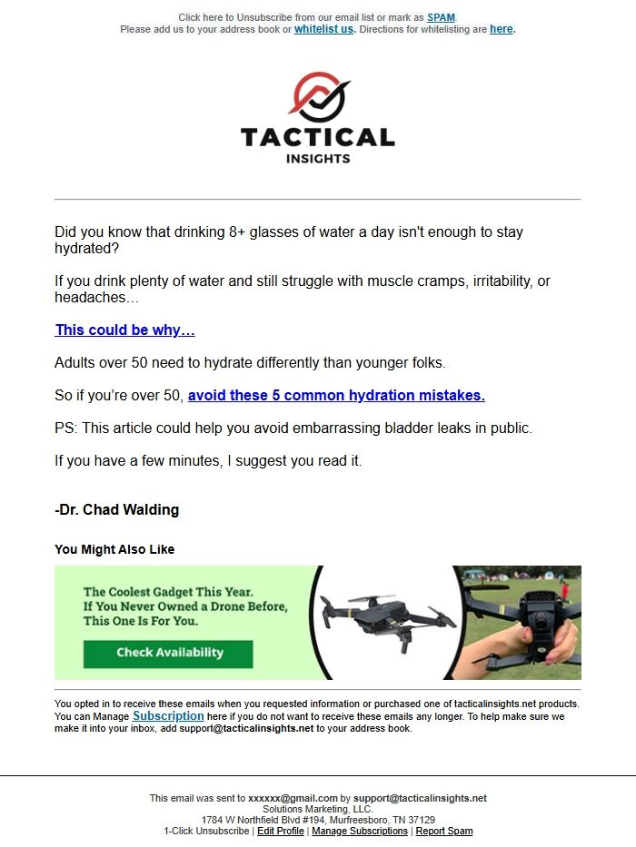 Screenshot of the email generated on import