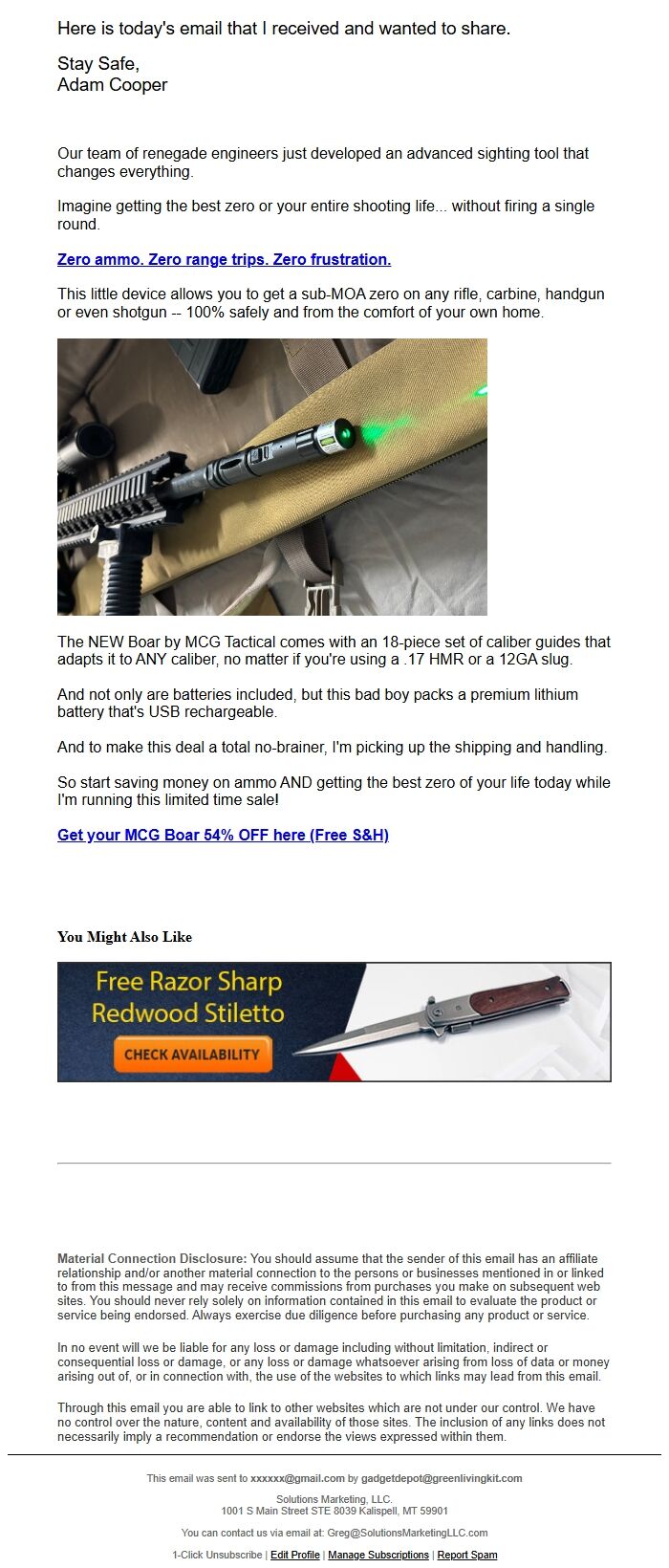 Screenshot of the email generated on import