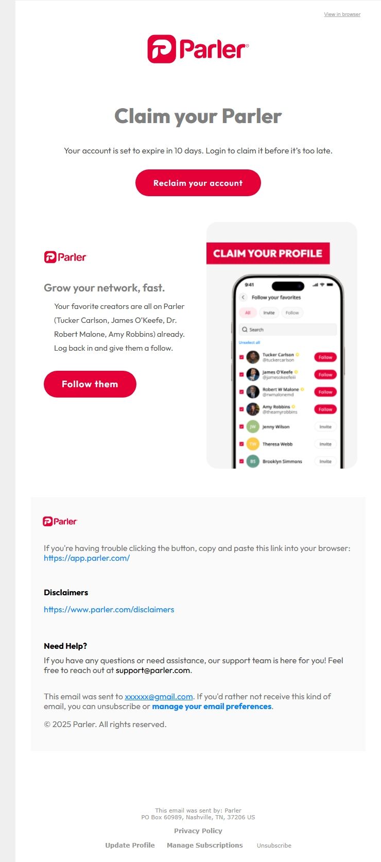 Screenshot of the email generated on import