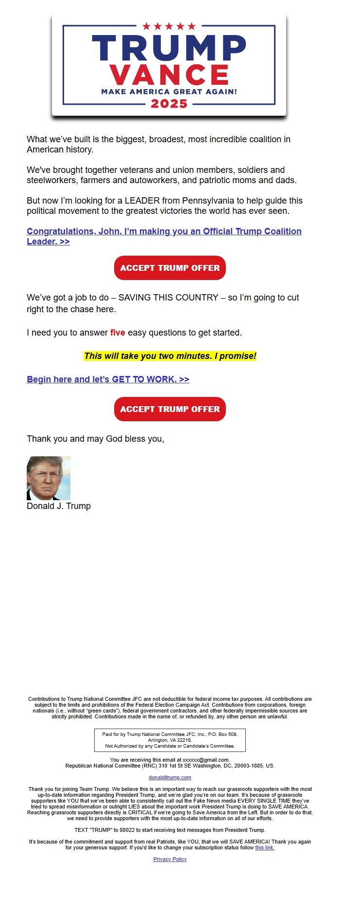 Screenshot of the email generated on import