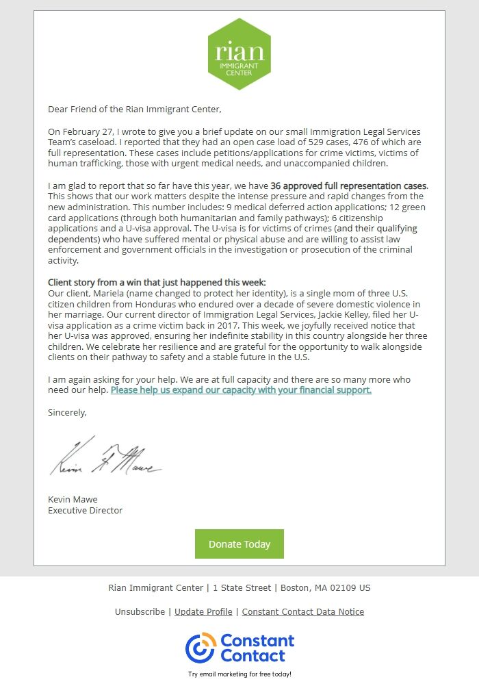 Screenshot of the email generated on import