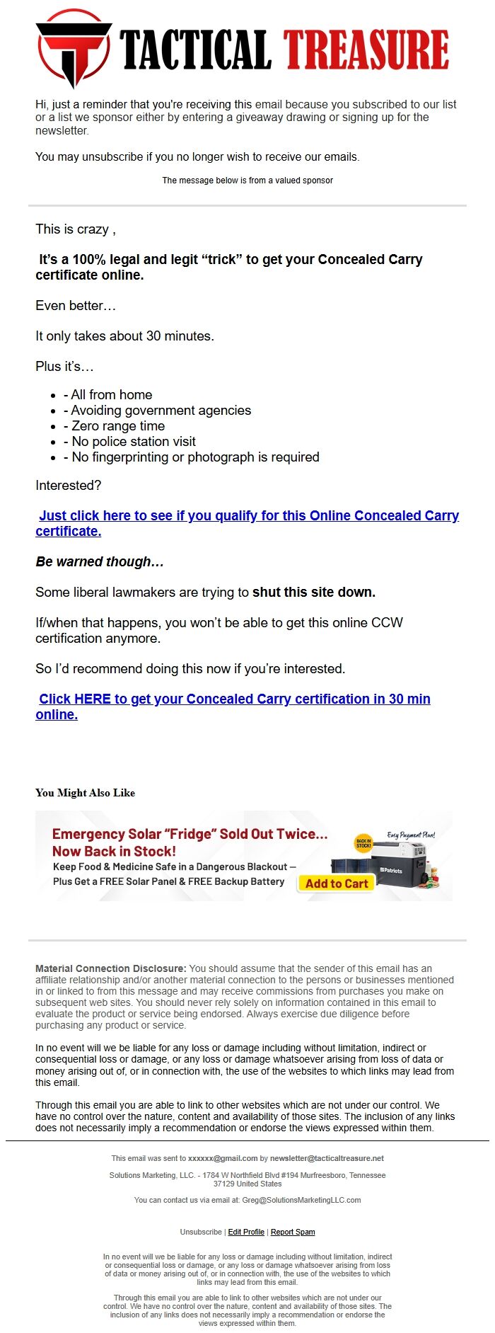 Screenshot of the email generated on import