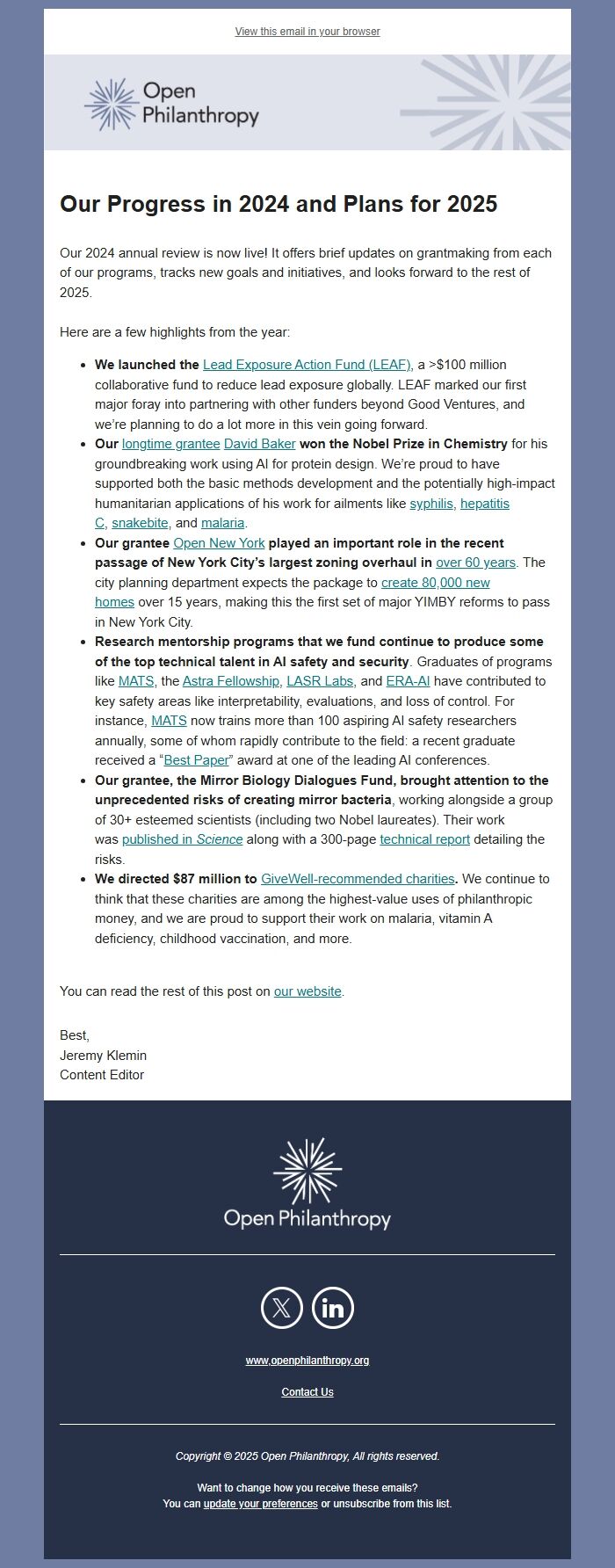 Screenshot of the email generated on import