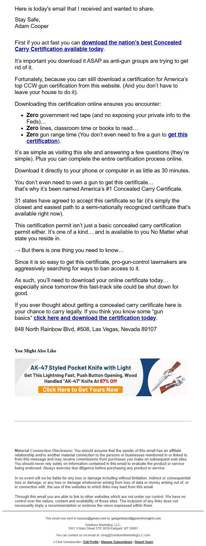 Screenshot of the email generated on import