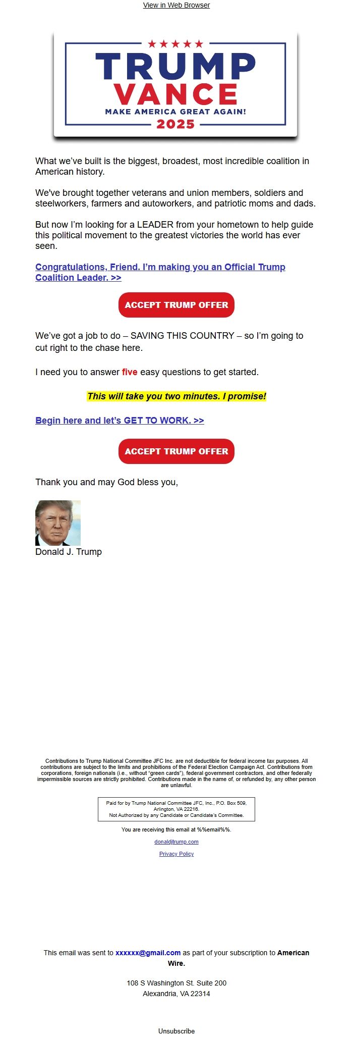 Screenshot of the email generated on import