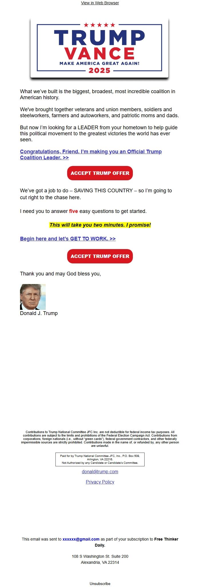 Screenshot of the email generated on import