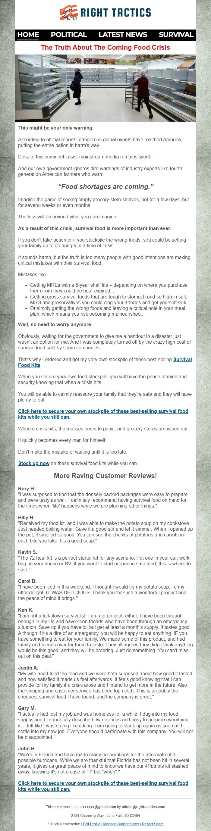 Screenshot of the email generated on import