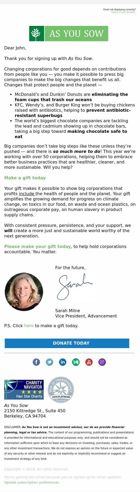 Screenshot of the email generated on import