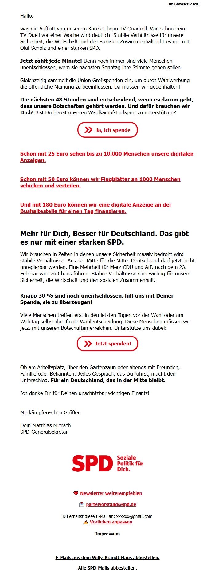 Screenshot of the email generated on import