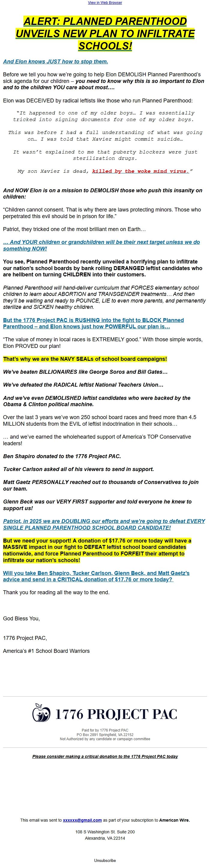 Screenshot of the email generated on import