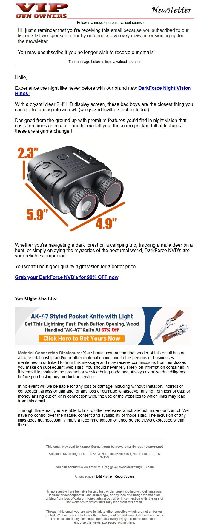 Screenshot of the email generated on import