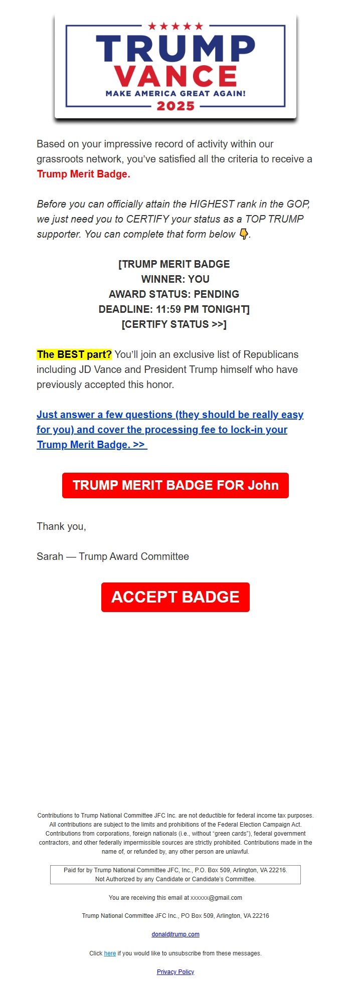 Screenshot of the email generated on import