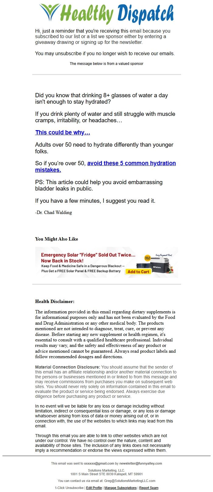 Screenshot of the email generated on import