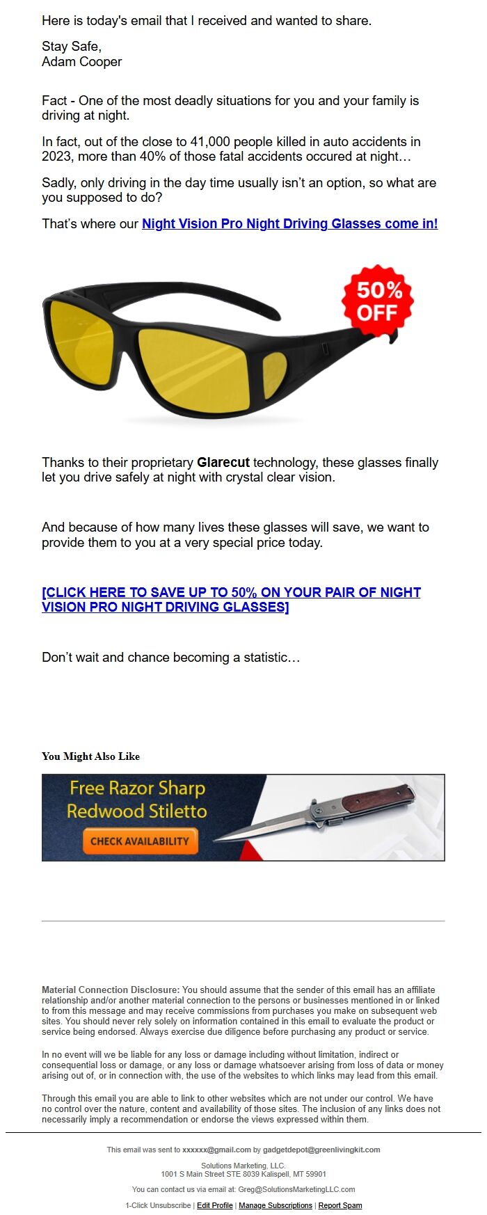 Screenshot of the email generated on import