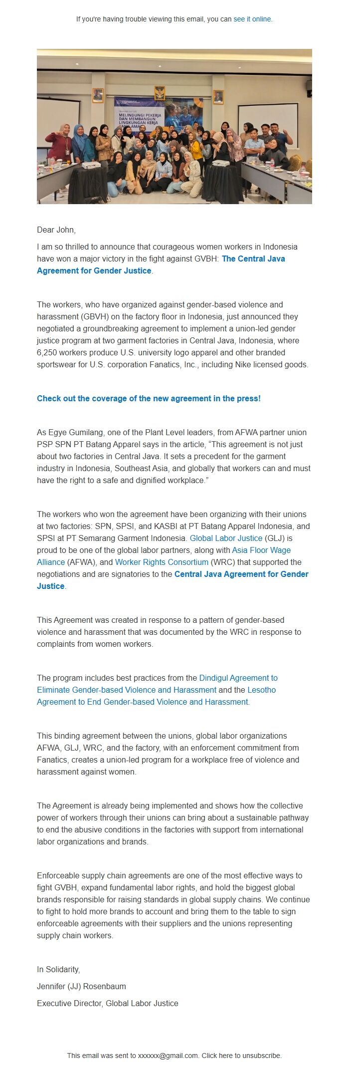 Screenshot of the email generated on import