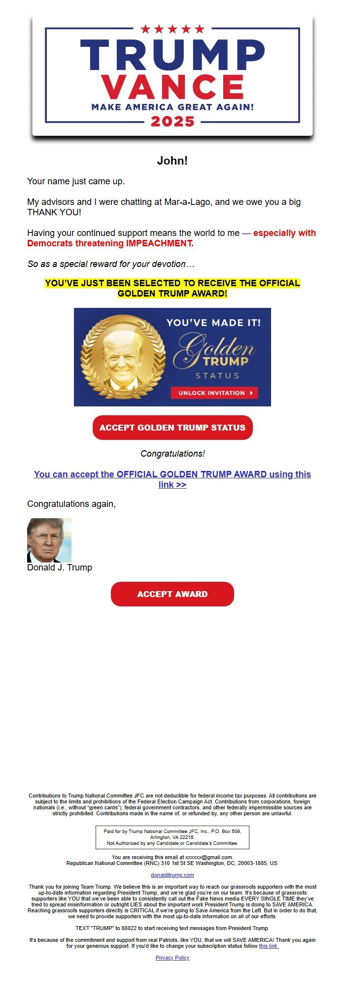 Screenshot of the email generated on import
