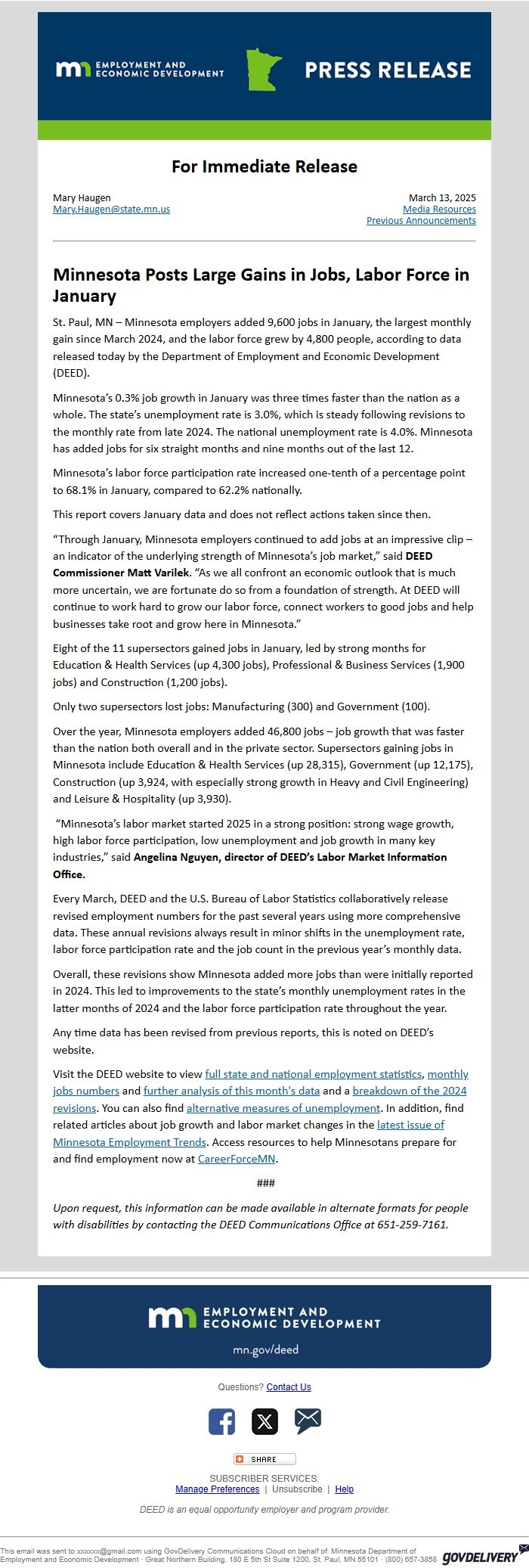 Screenshot of the email generated on import